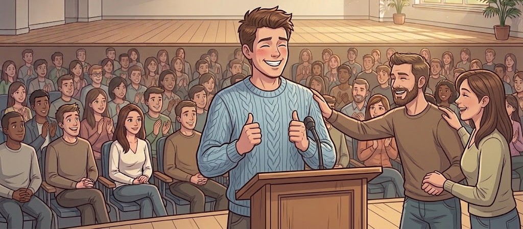 Homem falando em público com confiança e apoio